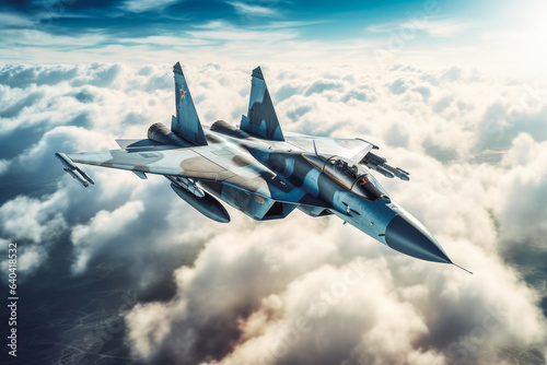 Military fighter jet above the clouds. Military equipment plane.