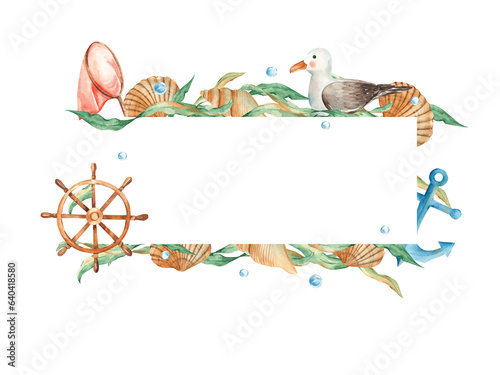 Sea horizontal frame, cute sea gull, wooden steering wheel, seashells, nautical anchor, orange net, seaweeds and water bubbles. Marine design. Watercolor hand drawn illustration isolated on white photo