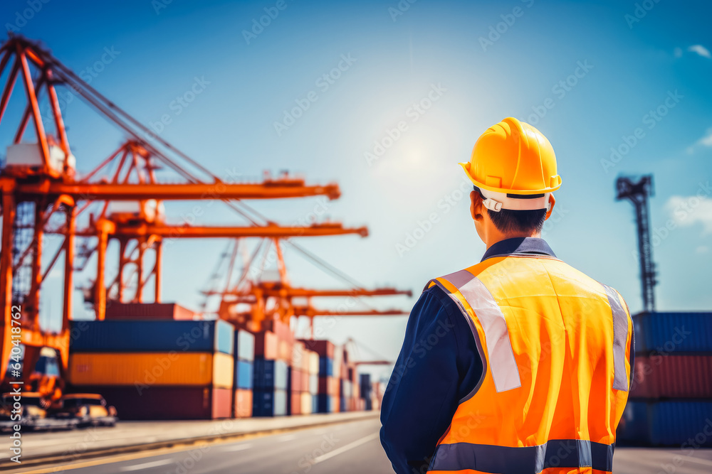 Worker in container port terminal. Worker in protective helmet and reflective vest walking through big storage and shipping port. Worker in container port terminal. Worker in protective helmet and reflective vest walking through big storage and shipping port.