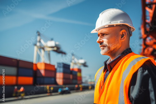 Worker in container port terminal. Worker in protective helmet and reflective vest walking through big storage and shipping port.