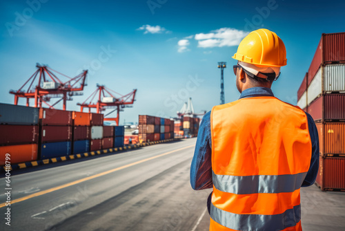 Worker in container port terminal. Worker in protective helmet and reflective vest walking through big storage and shipping port.