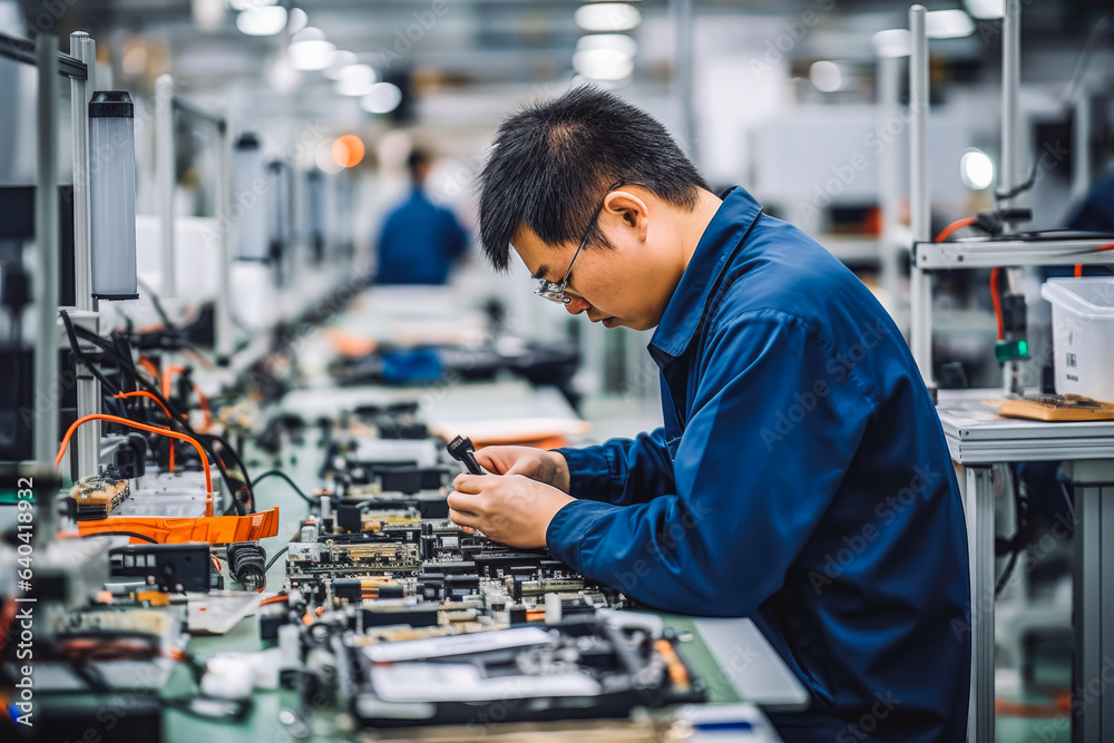 Worker in factory checking smartphone. Worker in work clothes in smartphone factory. Worker in factory checking smartphone. Worker in work clothes in smartphone factory.