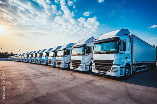 Obraz na płótnie Logistics company trucks waiting in line. Many trucks waiting for delivery. w salonie