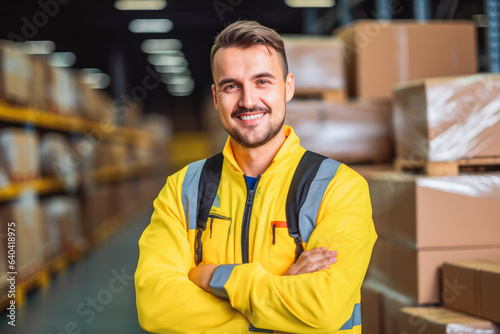 Logistics company worker. Confident young logistics centre worker standing in warehouse.