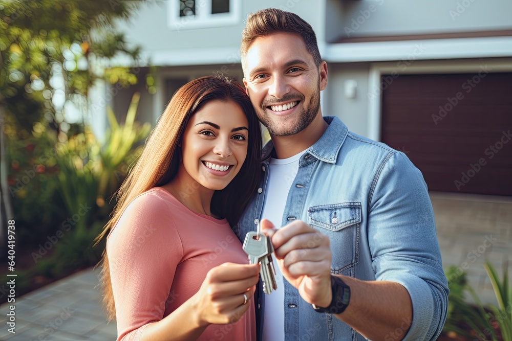 Happy young couple holding their home keys looking at the camera at ...