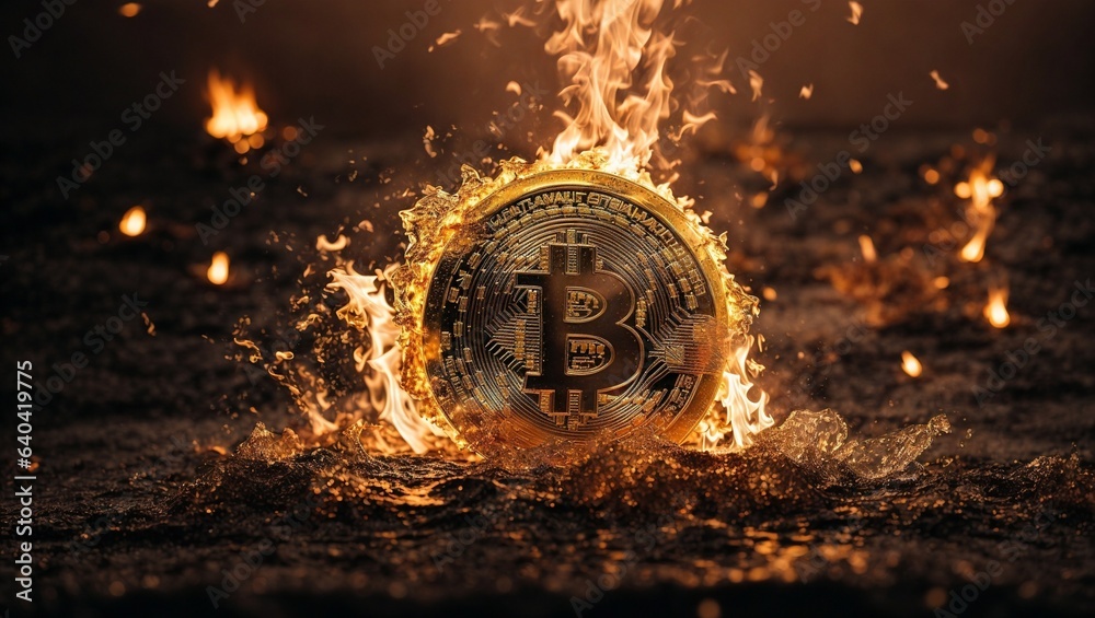 golden bitcoin on fire