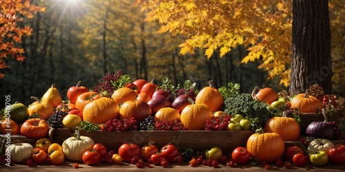 A vibrant autumnal graphic design featuring a variety of seasonal produce,