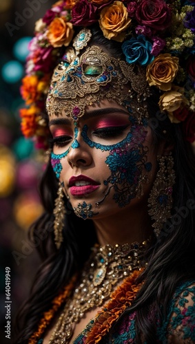 A beautiful woman with a detailed skull face celebrating the Day of the Dead.