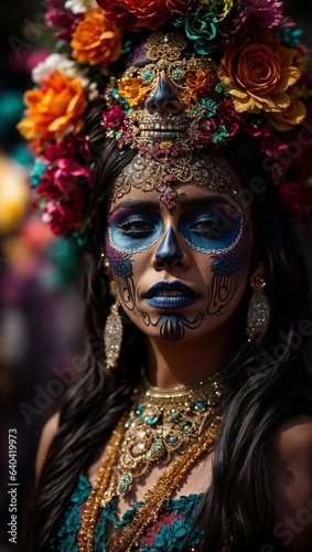 A beautiful woman with a detailed skull face celebrating the Day of the Dead.