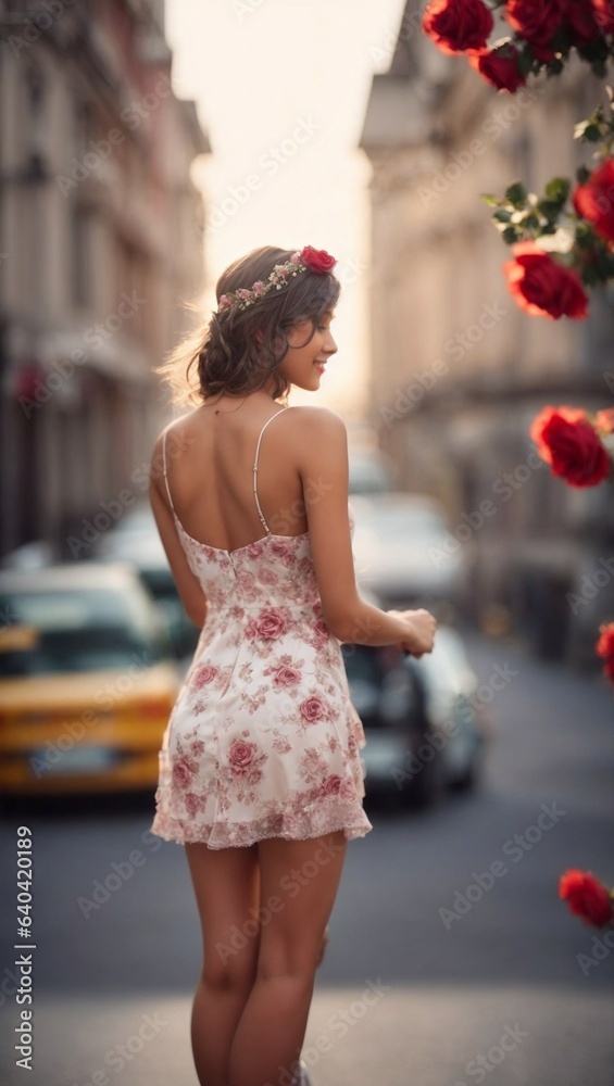 Fototapeta premium Photo of a beautiful girl in a miniskirt-style dress, city street, bridal hair with roses on her head