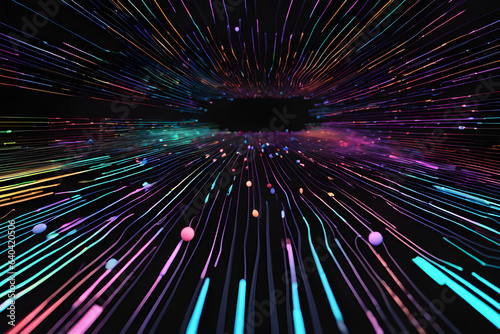 Vibrantly colored dots and lines against a black backdrop, illustrating the movement of big data in a futuristic cyber theme