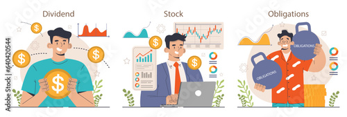 Investment set. Character investing money with the prospect of profit.