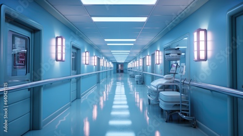 A hospital hallway with a row of beds. Digital image.