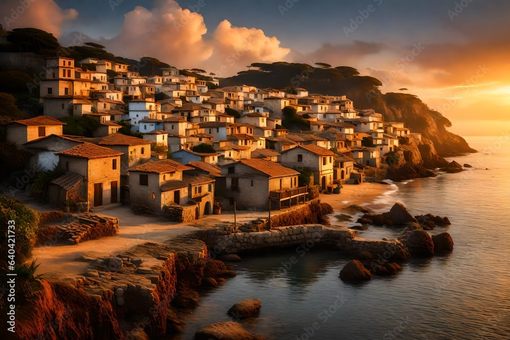 A serene coastal village at sunset
