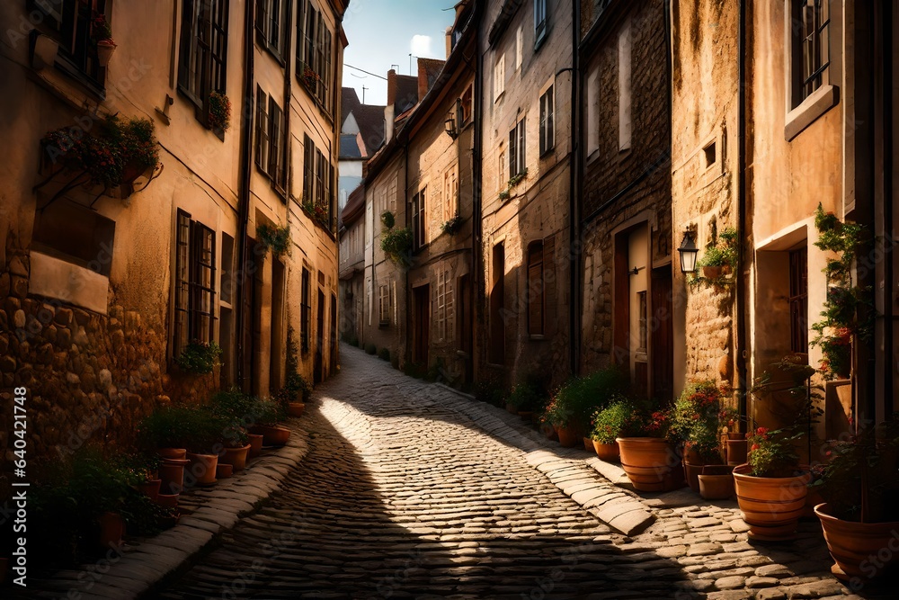 A sunlit cobblestone alleyway in a European town