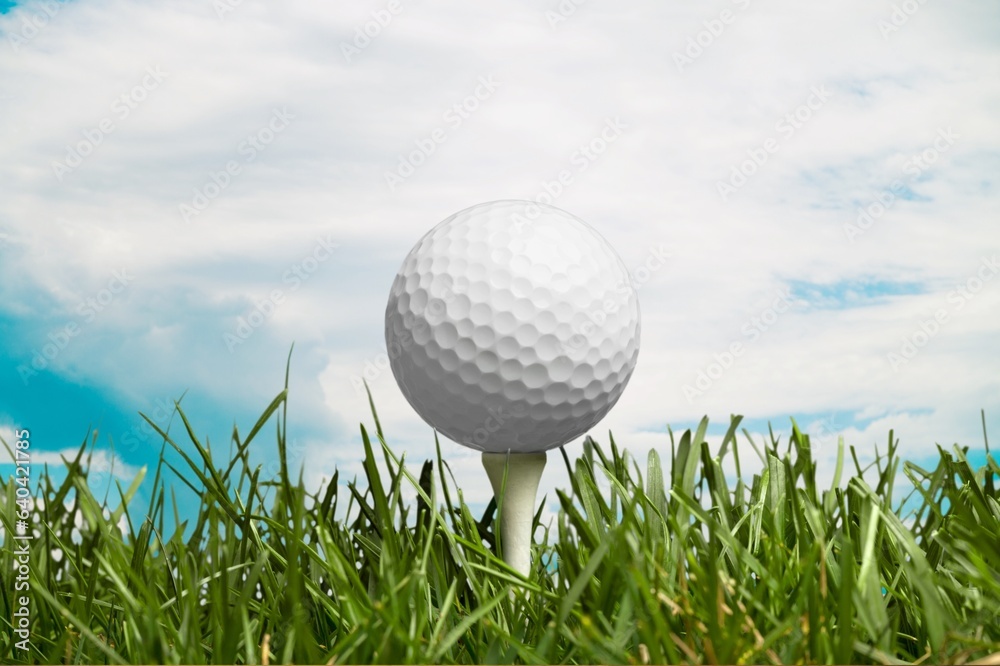 Golf white ball on tee on green grass Golf white ball on tee on green grass