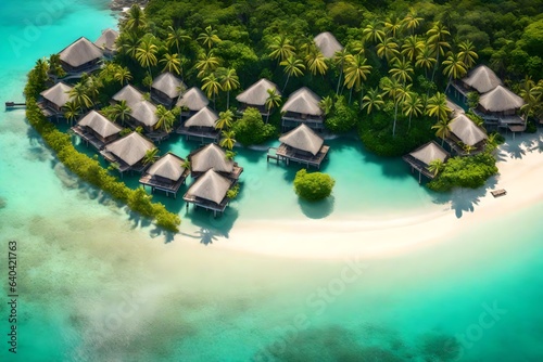 A tropical island resort with bungalows over clear waters