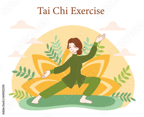 Asian character doing sport. Tai chi exercising. Chinese practise or martial