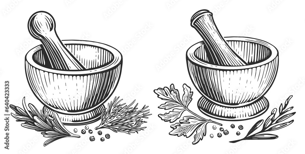 Mortar and pusher for herb grinding isolated on white background. Sketch vintage illustration - obrazy, fototapety, plakaty 