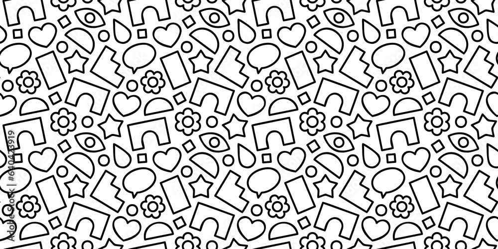 Fun black and white doodle seamless pattern. Creative minimalist style art background for children or trendy design with geometric shapes. Simple childish backdrop.