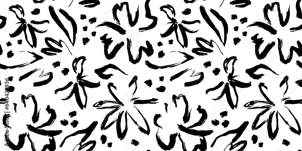 Fototapeta premium Black and white hand drawn flower art seamless pattern illustration. Acrylic paint nature floral background in vintage art style. Spring season painting print.