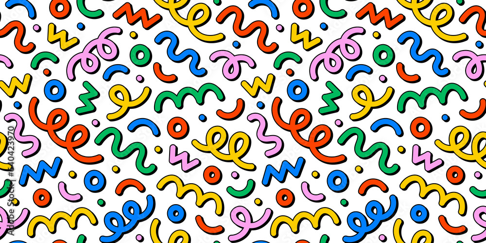 Fun colorful line doodle seamless pattern. Creative minimalist style art background for children or trendy design with basic shapes. Simple party confetti texture, childish scribble shape backdrop.	
