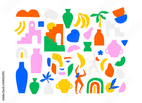 Set of trendy doodle and abstract retro icons on isolated background. Big summer collection, random organic shapes in freehand art style. Includes people, floral art, colorful bundle.