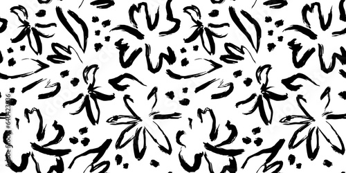 Black and white hand drawn flower art seamless pattern illustration. Acrylic paint nature floral background in vintage art style. Spring season painting print.