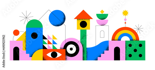 Fototapeta Naklejka Na Ścianę i Meble -  Abstract colorful geometric city landscape concept illustration. Creative modern geometry shapes with fun icon and bauhaus style decoration element. Contemporary art mosaic.