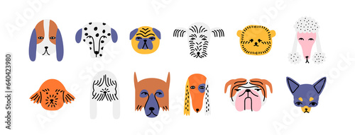 Fototapeta Naklejka Na Ścianę i Meble -  Funny dog animal head cartoon set in modern flat illustration style. Cute puppy pet collection, diverse breeds - domestic dogs bundle.	