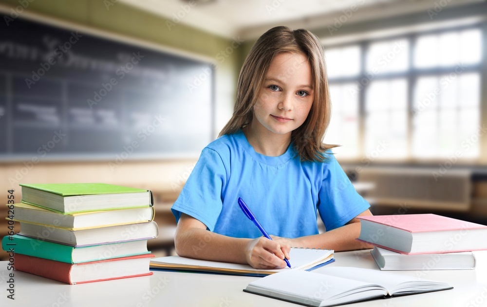Young elementary school female student in the classroom, AI generated image Young elementary school female student in the classroom, AI generated image