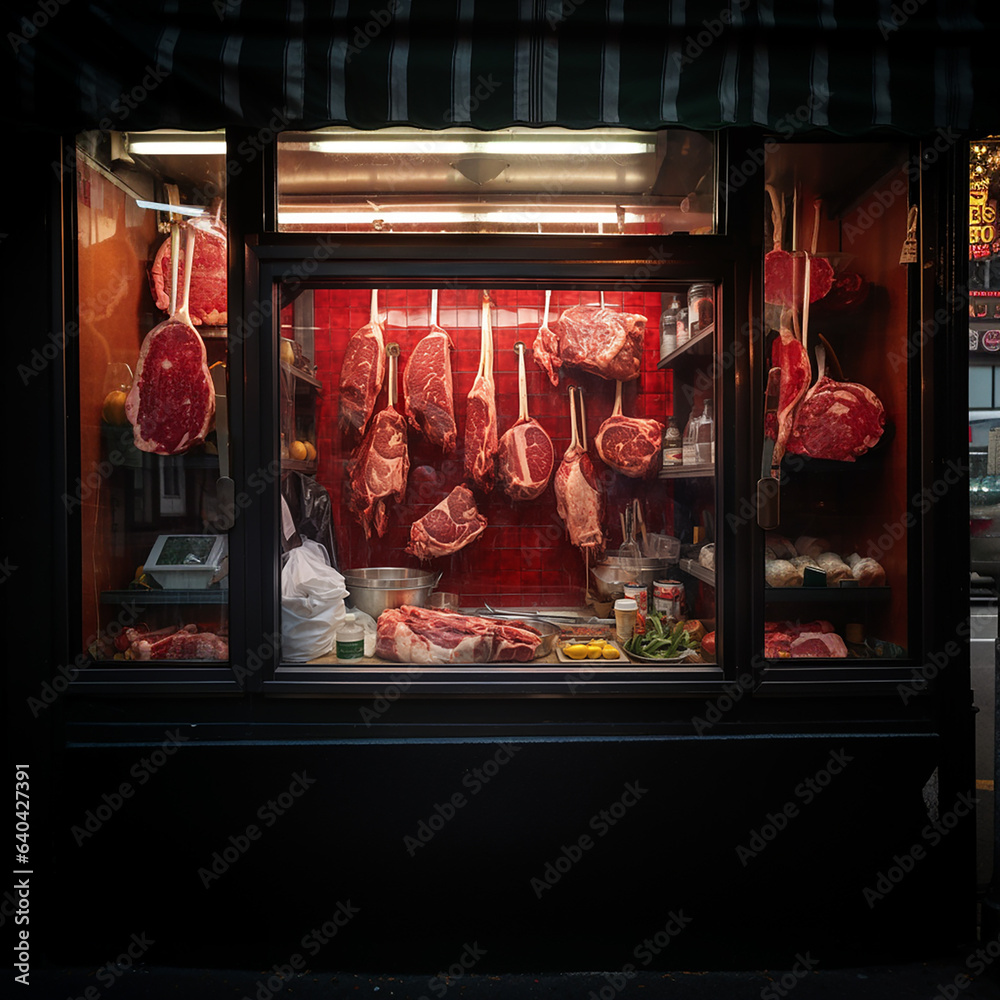 Butcher shop window. Meat trade..