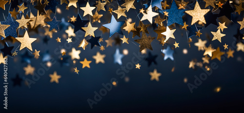 New year, Christmas background with gold stars and sparkling. Abstract background with Dark blue and gold particle. Christmas Golden light shine particles bokeh on navy background. Gold foil texture