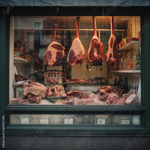 Butcher shop window. Meat trade..