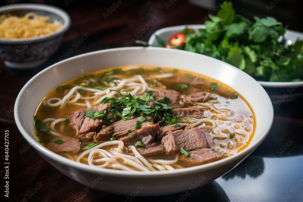 A bowl of beef noodle soup generative AI
