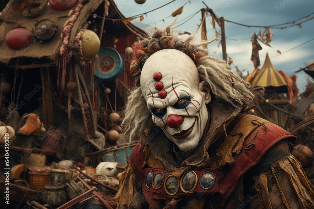 Creepy clown amidst an abandoned carnival, with faded rides and empty tents, evoking a sense of eerie nostalgia. Generative AI