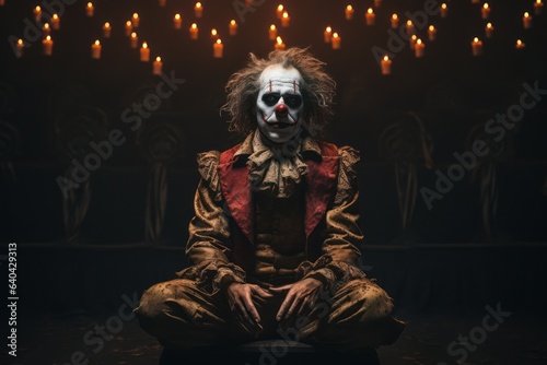 Creepy clown in full makeup and costume, standing alone on a dimly lit stage, capturing the unsettling nature of a solo performance. Generative Ai