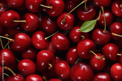 Close up of fresh delicious cherries , top view, seamless pattern. Generative Ai