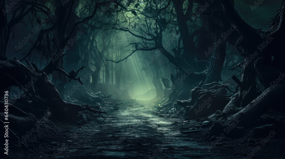 Spooky way, dark trees and mystic light in scary forest at Halloween night