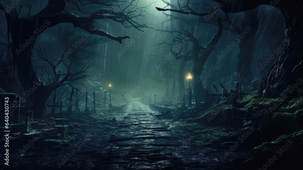 Spooky road, rain and dark trees in scary forest at Halloween night