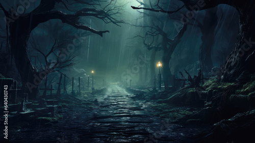 Spooky road  rain and dark trees in scary forest at Halloween night