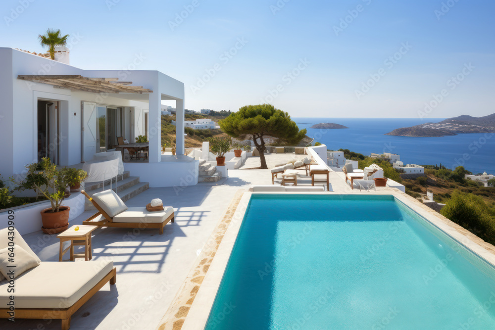Luxury house or hotel with pool in Greek style by sea in summer