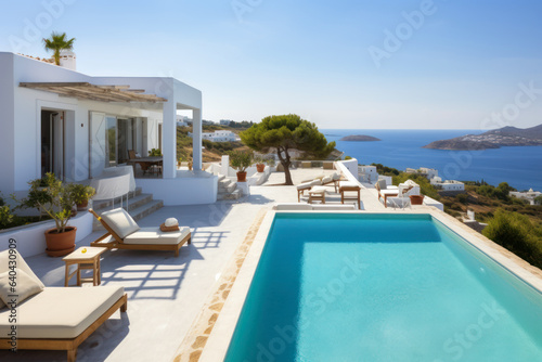Luxury house or hotel with pool in Greek style by sea in summer