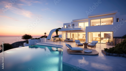 Luxury resort hotel with pool and white house by sea at sunset in summer © Natalya