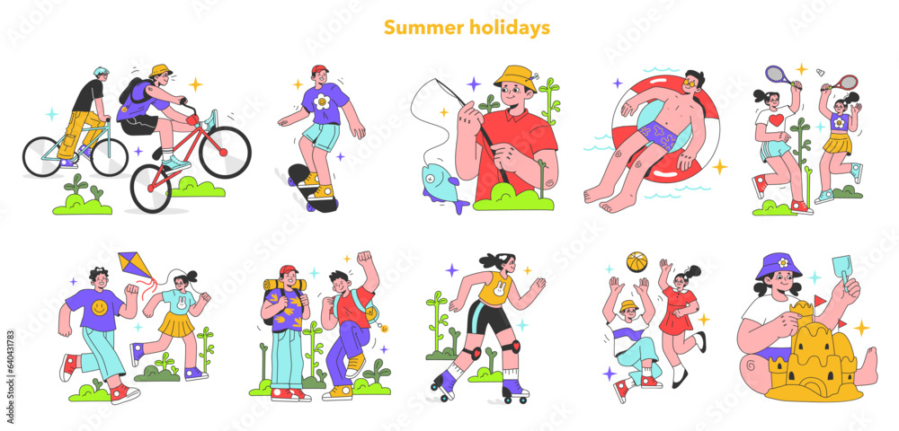 Summer holidays set. Active outside leisure on a summer break. Boys