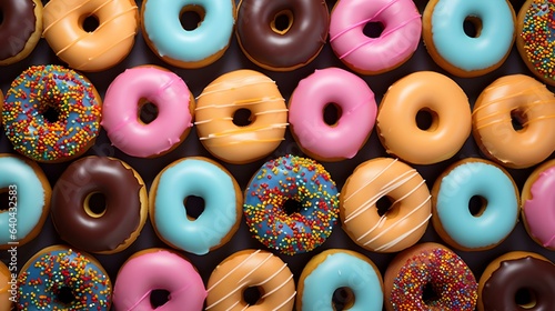 Overhead Shot of Colorful Donuts with Various Toppings in Grid Pattern