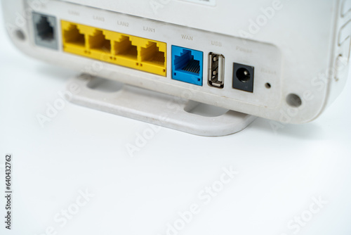 Reset, power, usb, lan and wan inputs of the modem device.