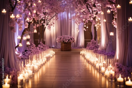 Indoor wedding ceremony decoration with flowers and candles photo