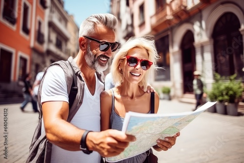 Married couple of tourists sightseeing city street with map