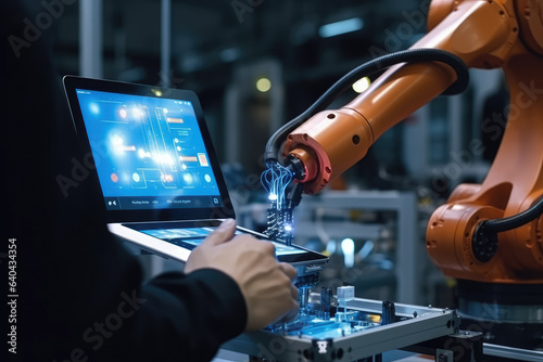 Robotic arm working with people in a factory on productions. The concept of helping artificial intelligence in factories and assisting people at work with automation. Generative Ai, Ai.